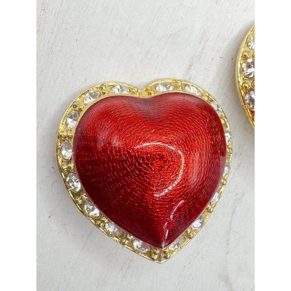 Vintage Victoria's Secret Red Enamel Puff Heart Clip on Earrings Rhinestone